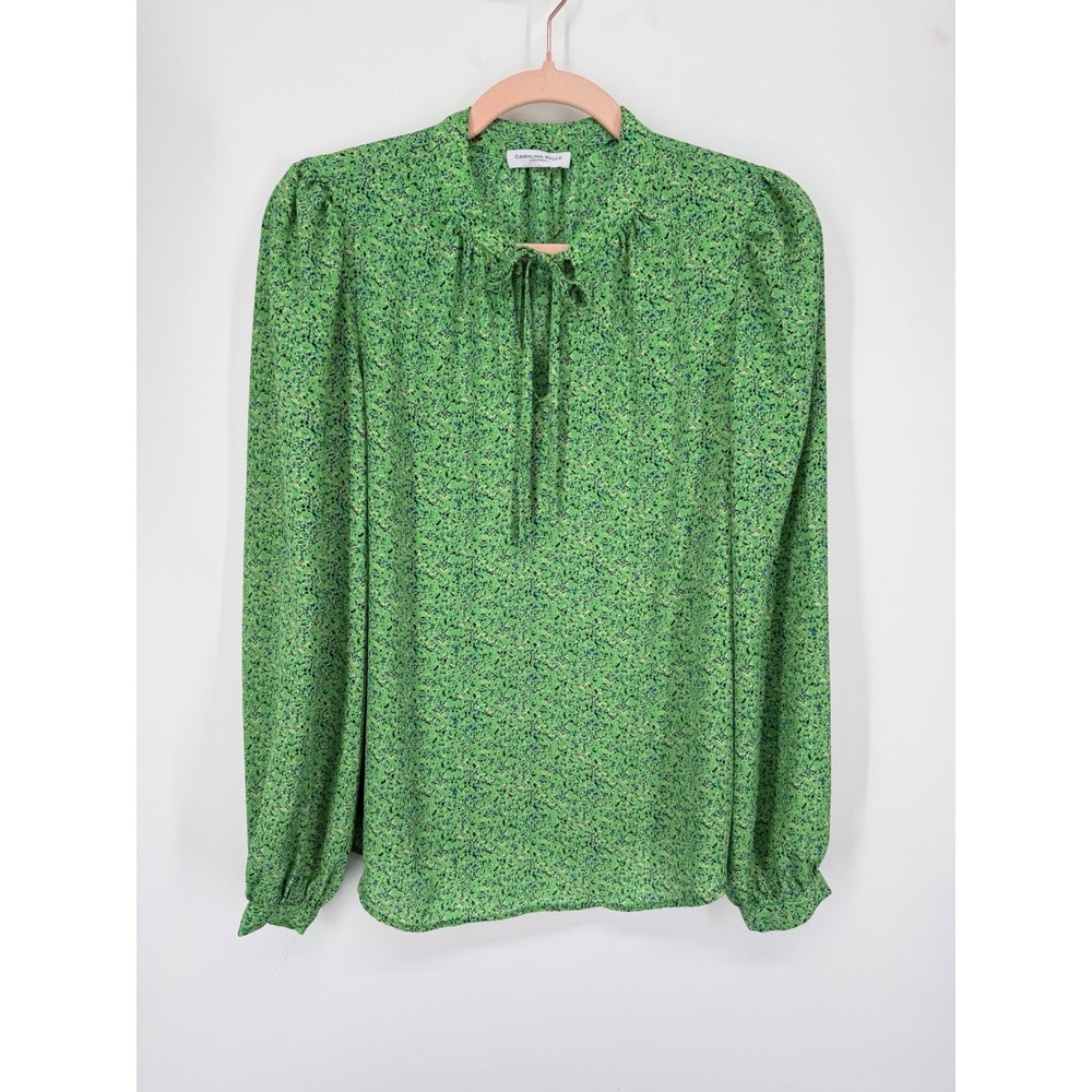 Carolina Belle Blouse Women XL‎ Green Floral Tie Neck Puff Sleeve Top